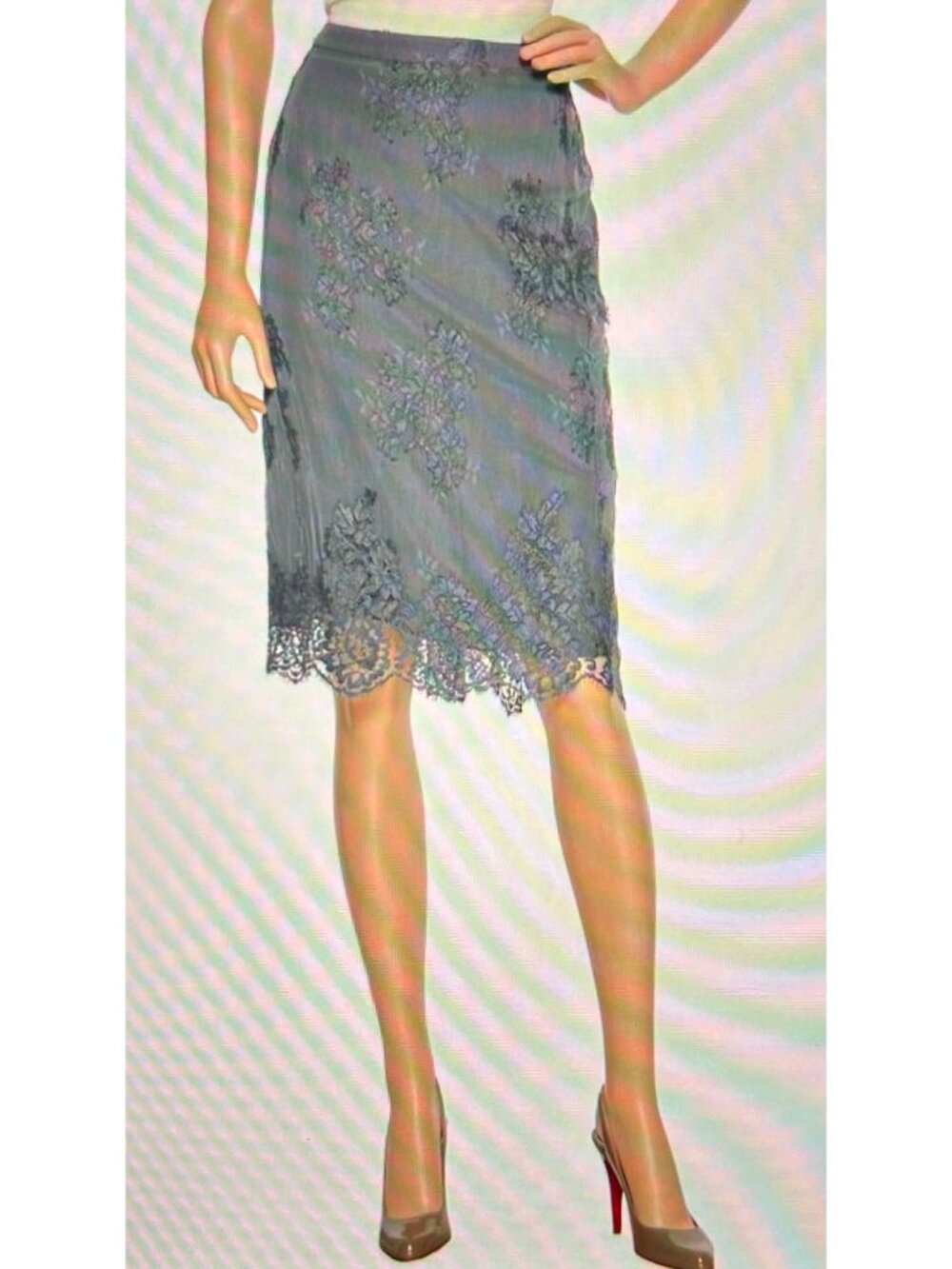NWT $1095 Burberry Prosum Floral Lace High Rise Scalloped Skirt Slate Gray Sz 6